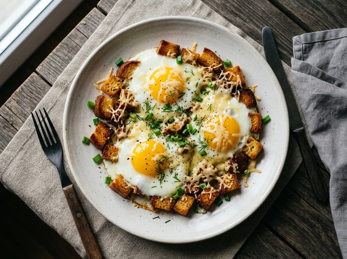 Яичница с гренками и сыром photo