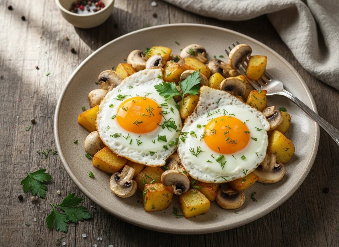 Яичница с грибами и картофелем photo