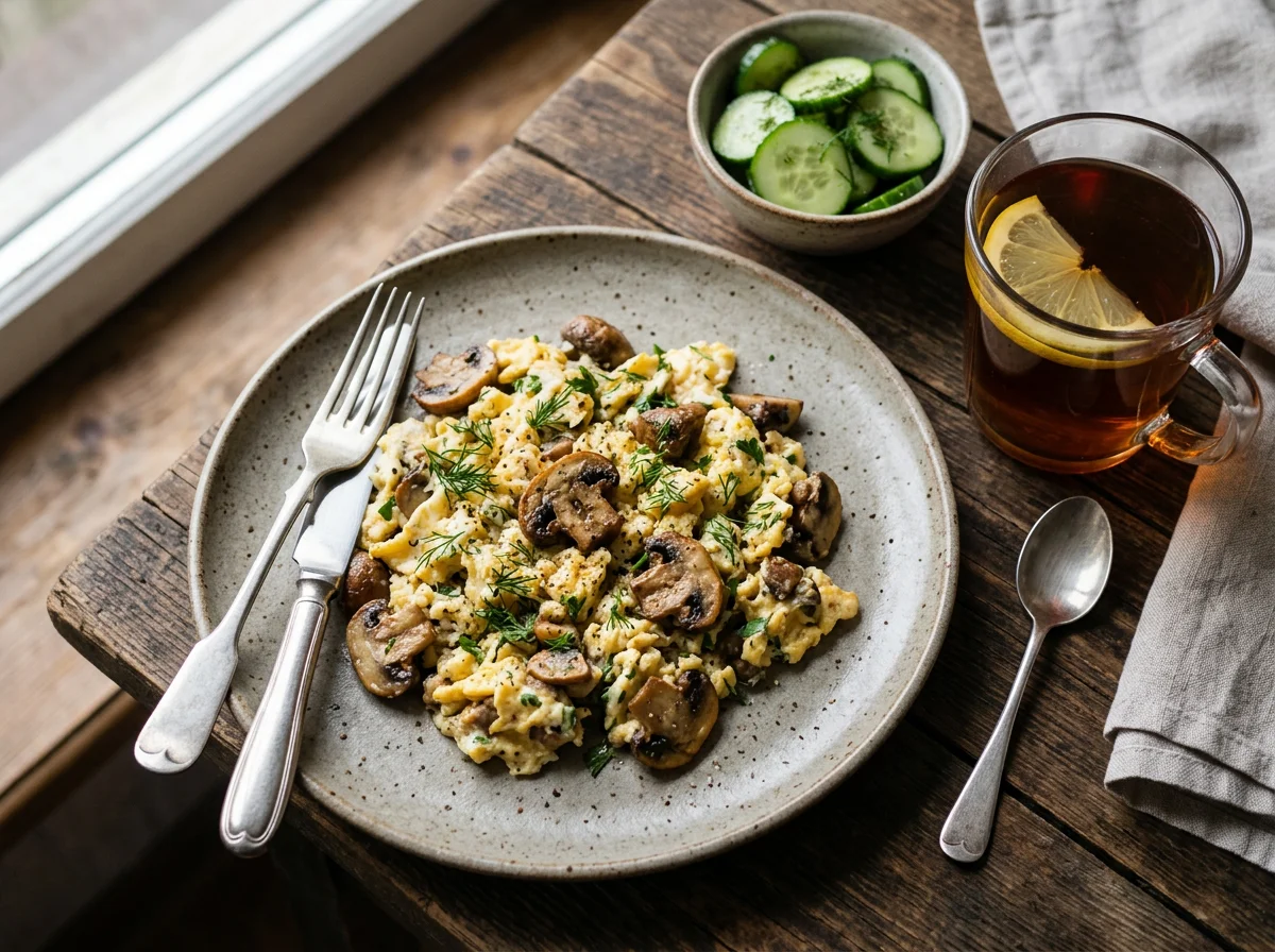 Яичница с грибами и огурцами photo