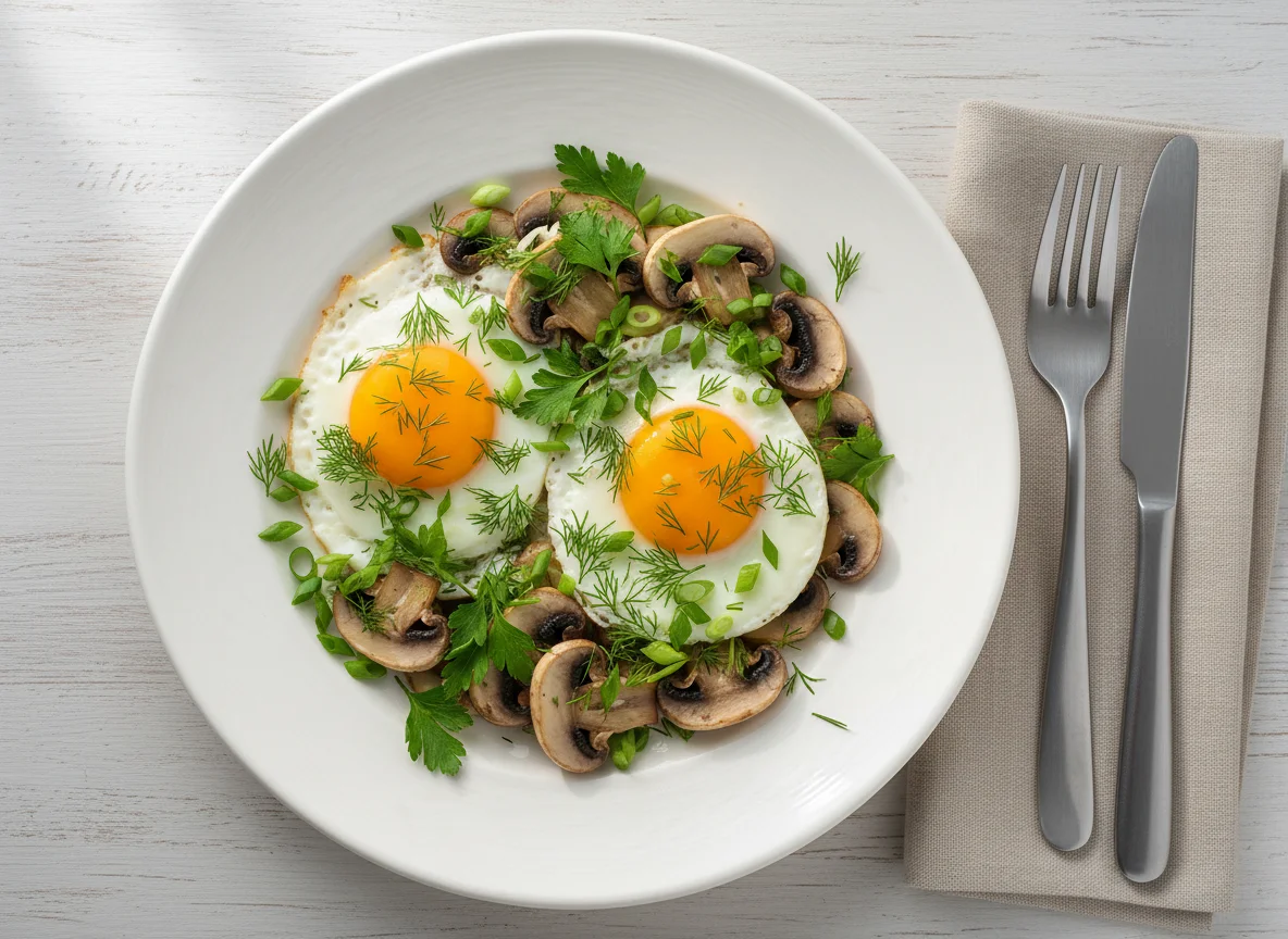 Яичница с грибами и зеленью photo