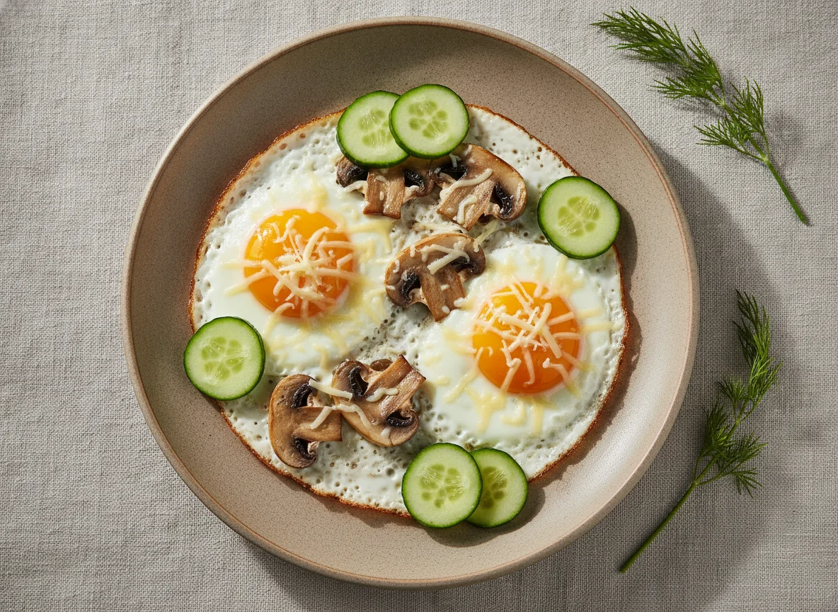 Яичница с грибами, сыром и огурцом photo