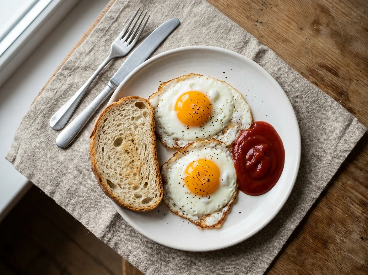 Яичница с хлебом и кетчупом photo