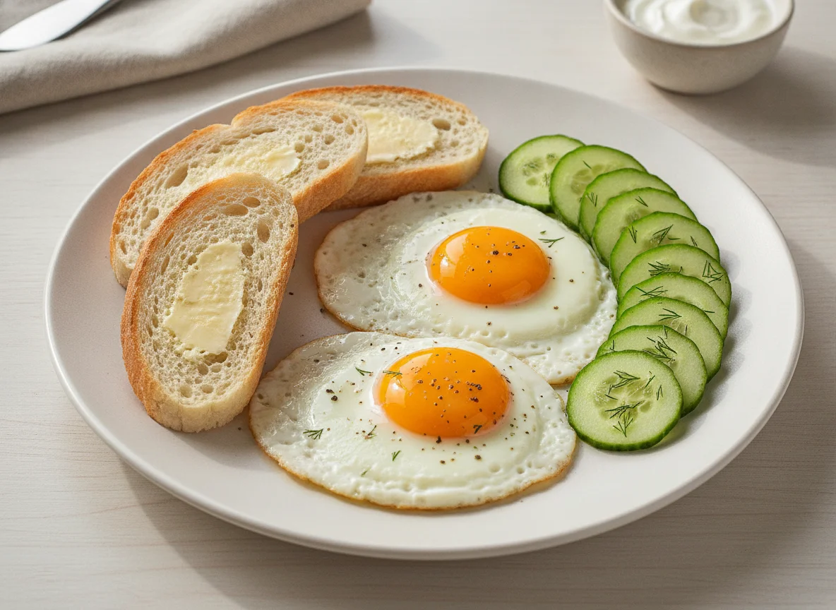 Яичница с хлебом и огурцом photo