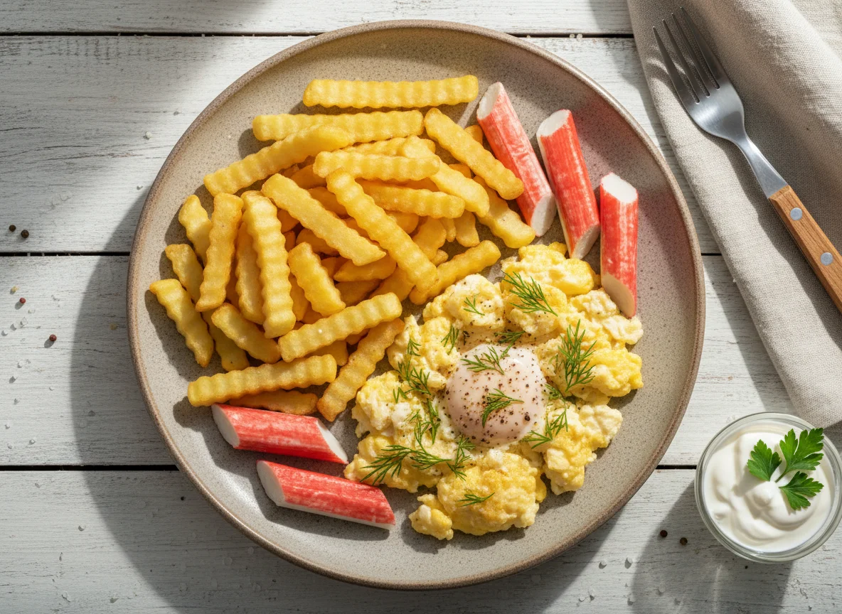 Яичница с картофелем фри и крабовыми палочками photo
