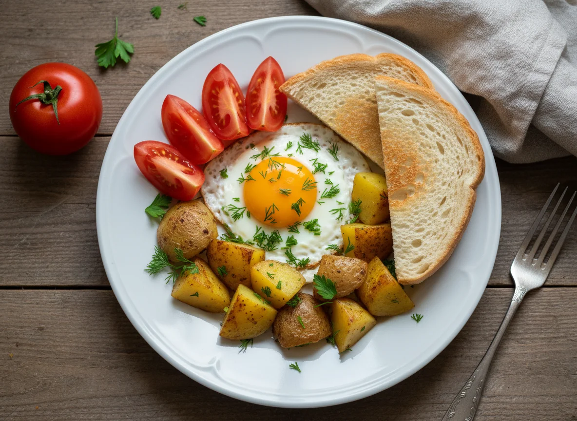 Яичница с картофелем и хлебом photo