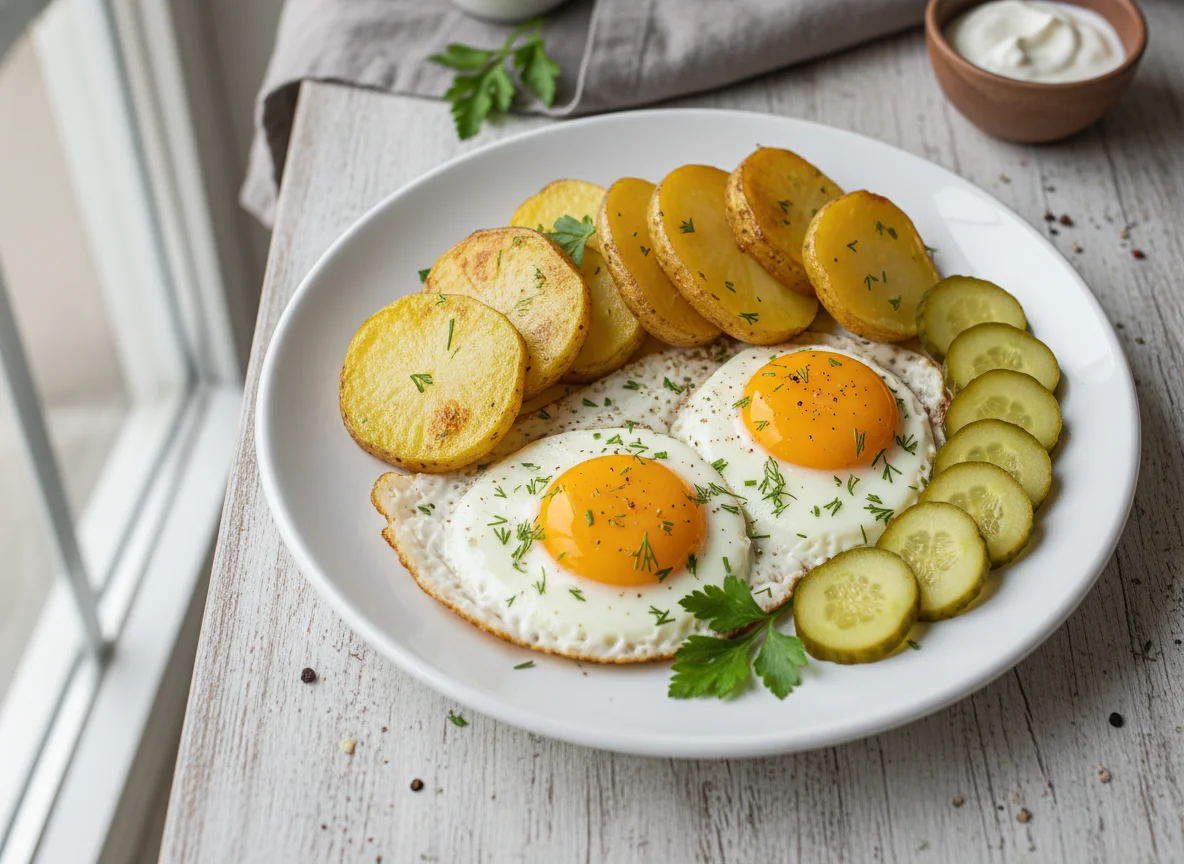 Яичница с картофелем и маринованным огурцом photo