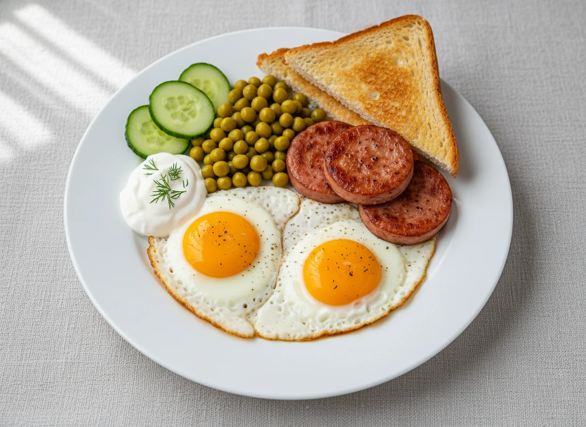 Яичница с колбасой и гарниром photo