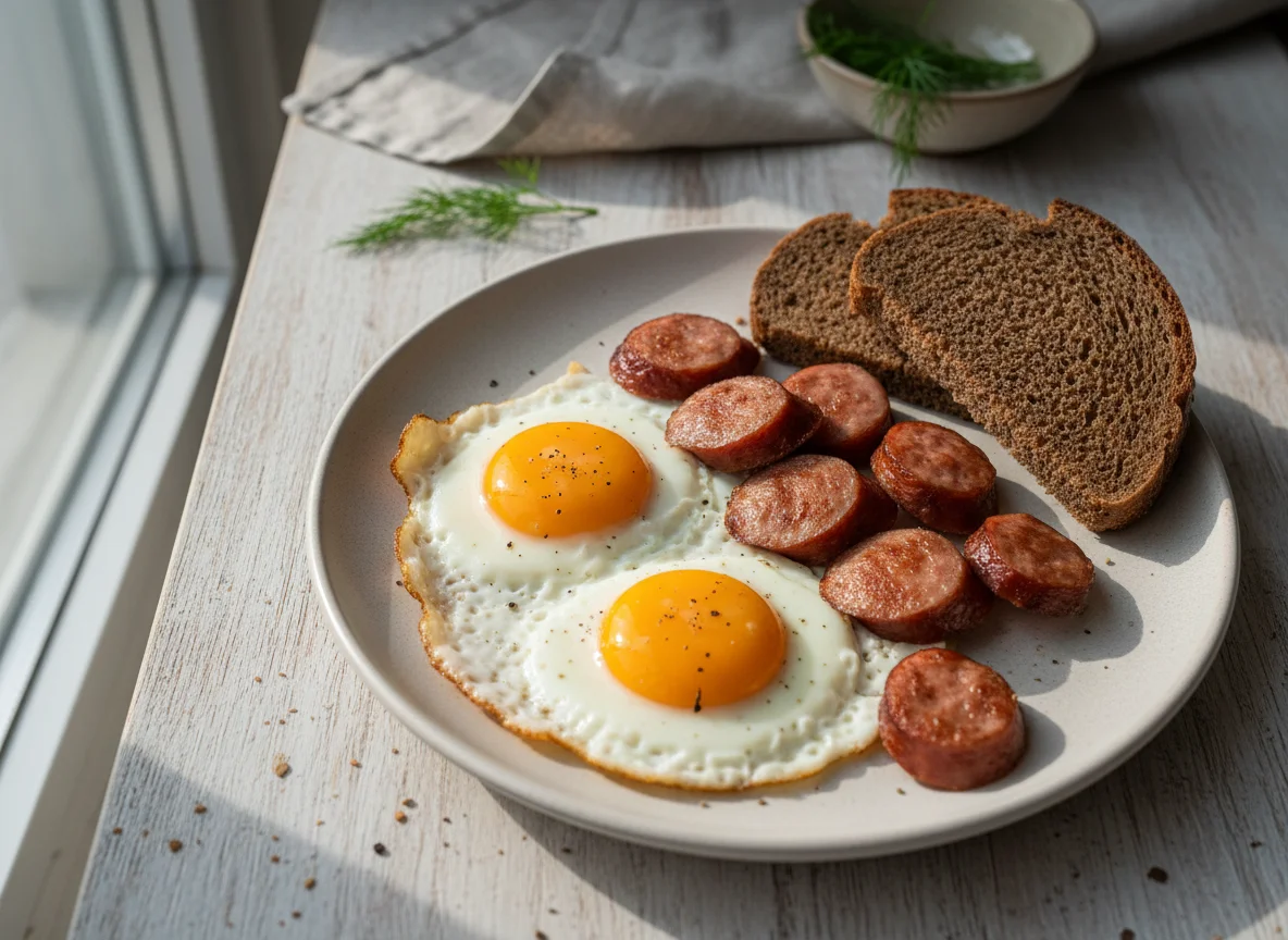 Яичница с колбасой и хлебом photo