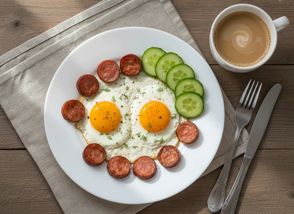 Яичница с колбасой и огурцами photo