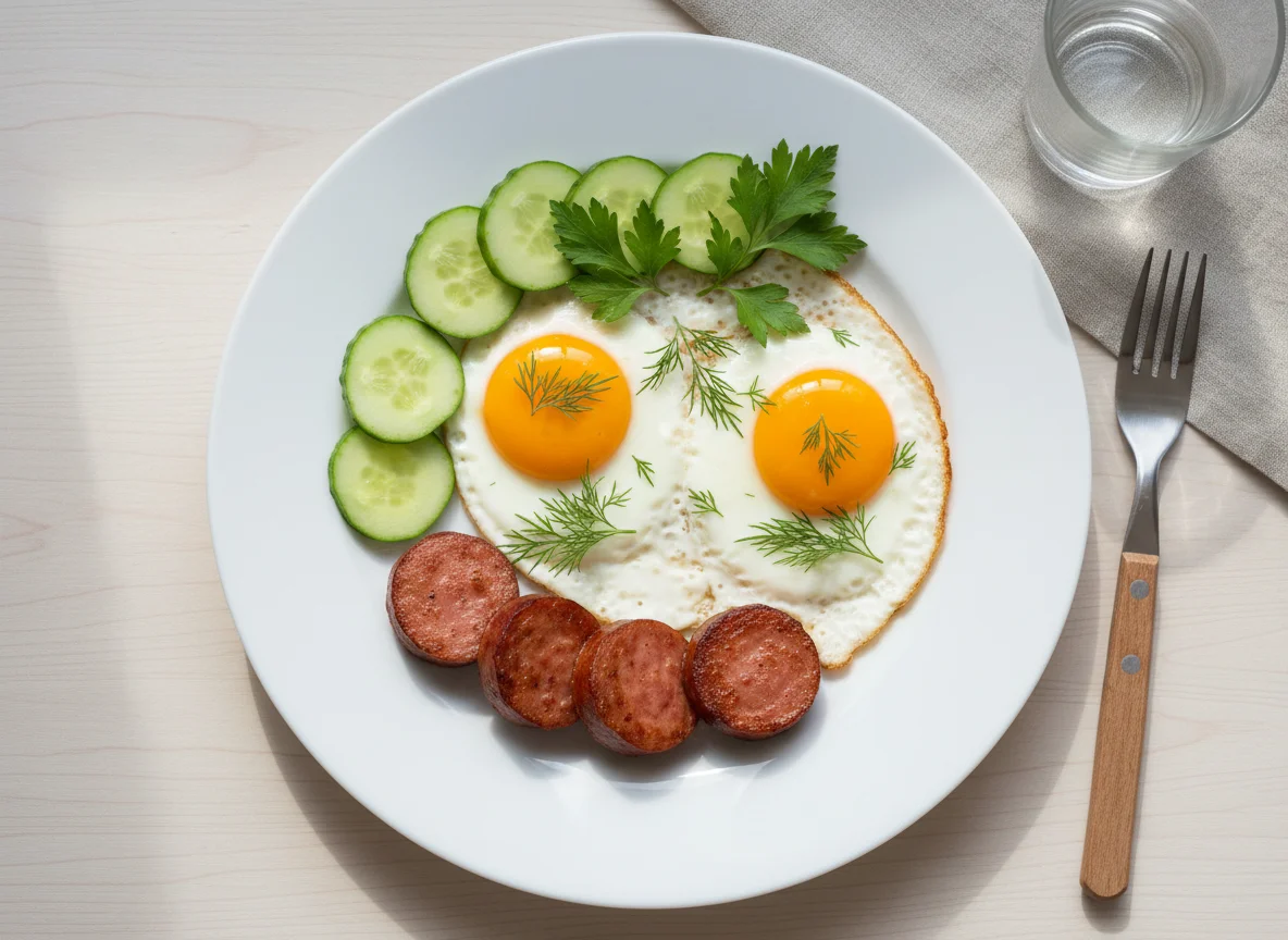 Яичница с колбасой и огурцом photo