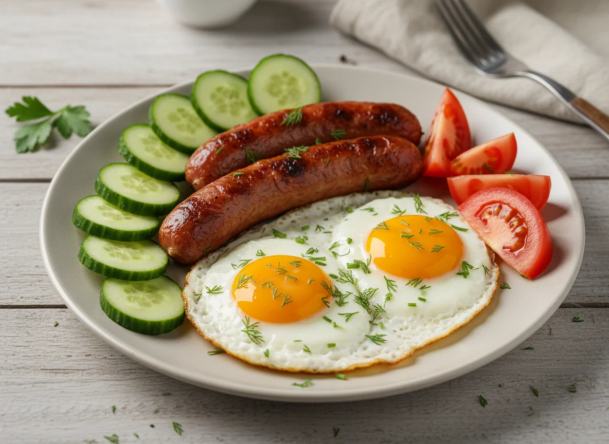 Яичница с колбасой и овощами photo