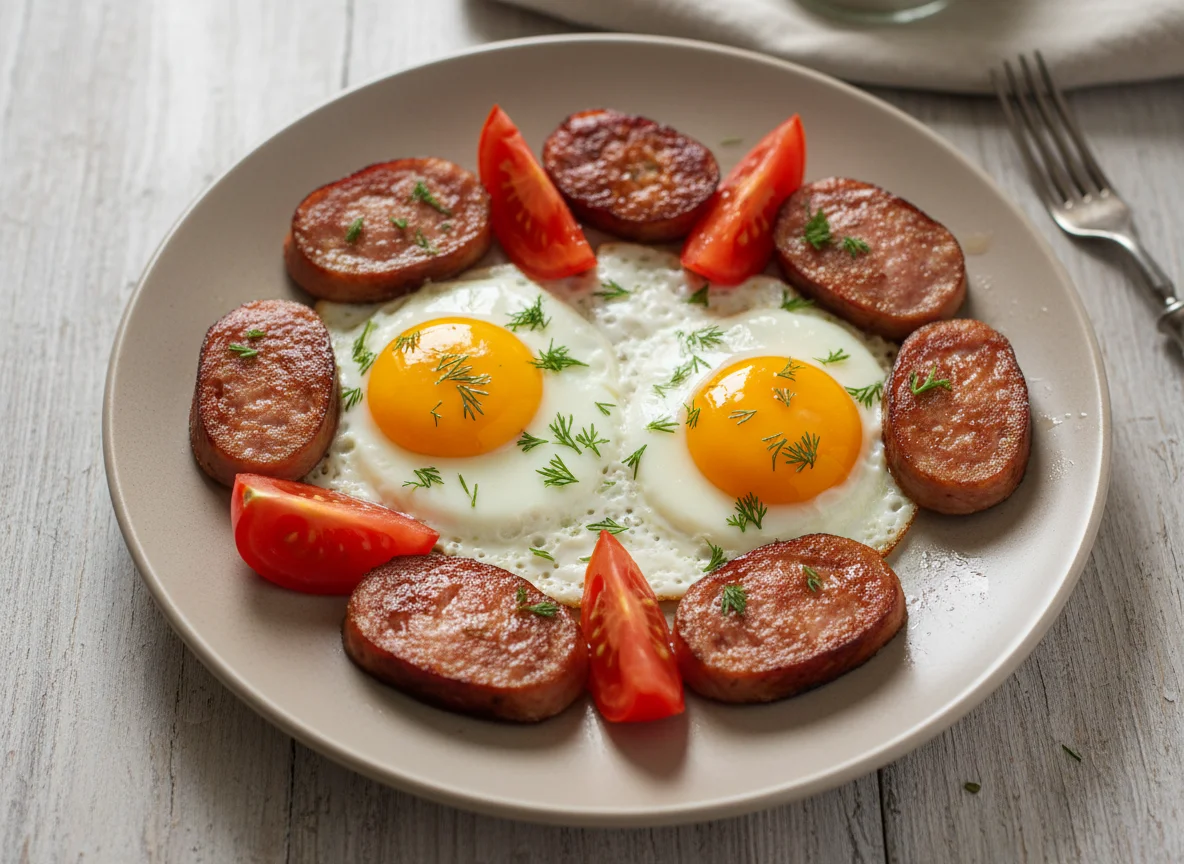 Яичница с колбасой и помидорами photo