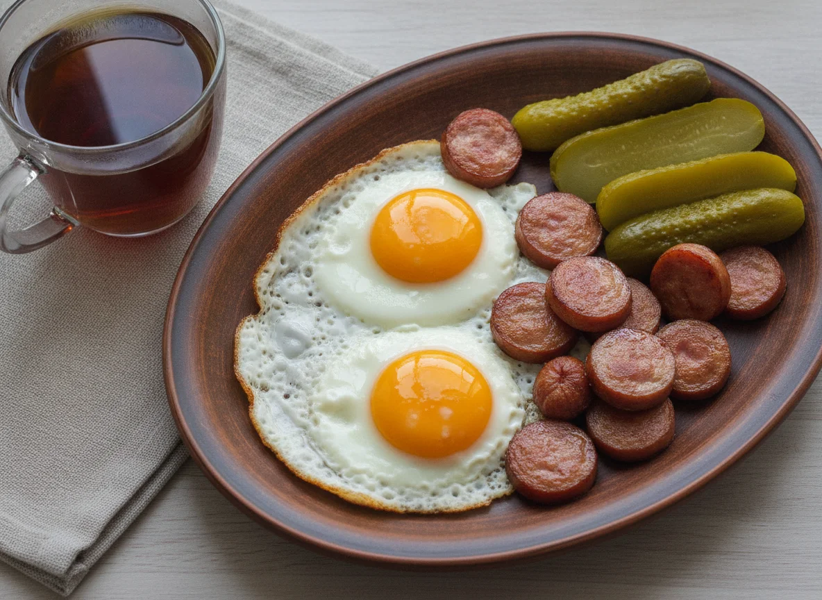 Яичница с колбасой и соленым огурцом photo