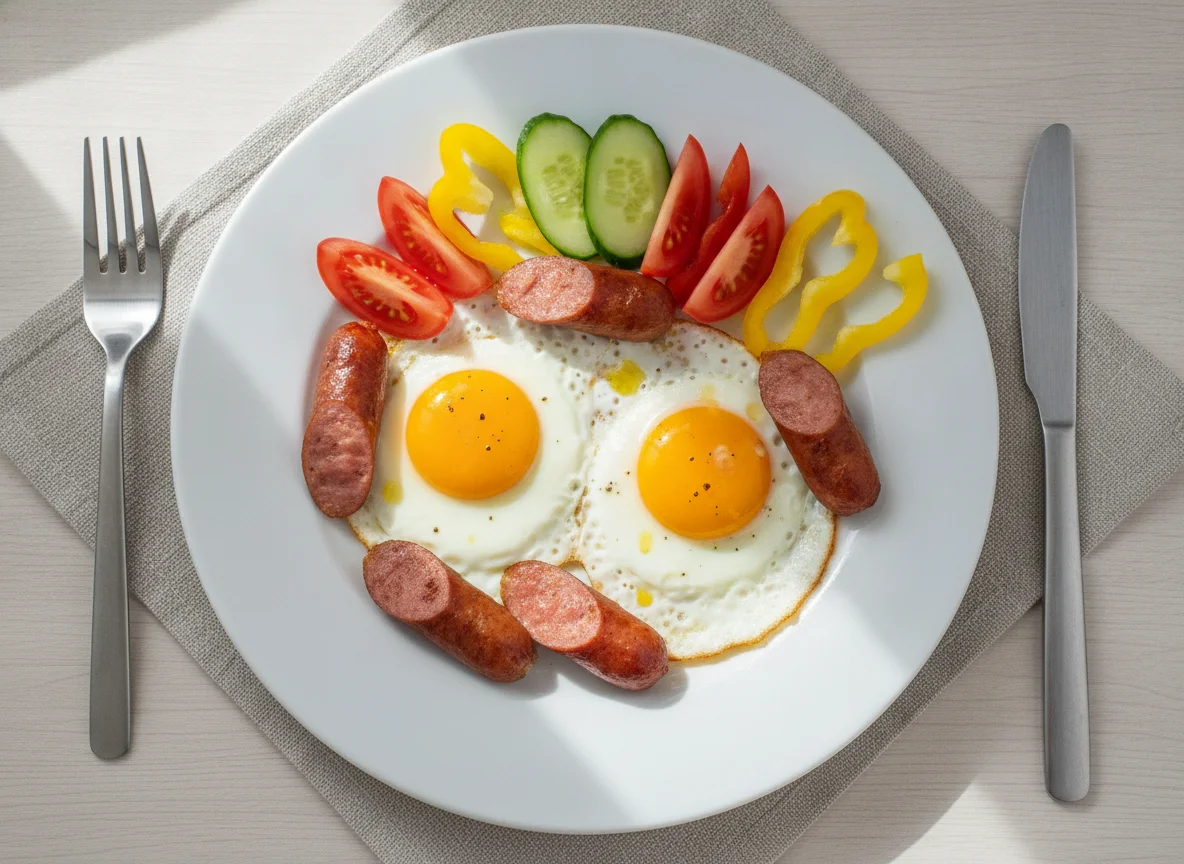 Яичница с колбасой и свежими овощами photo