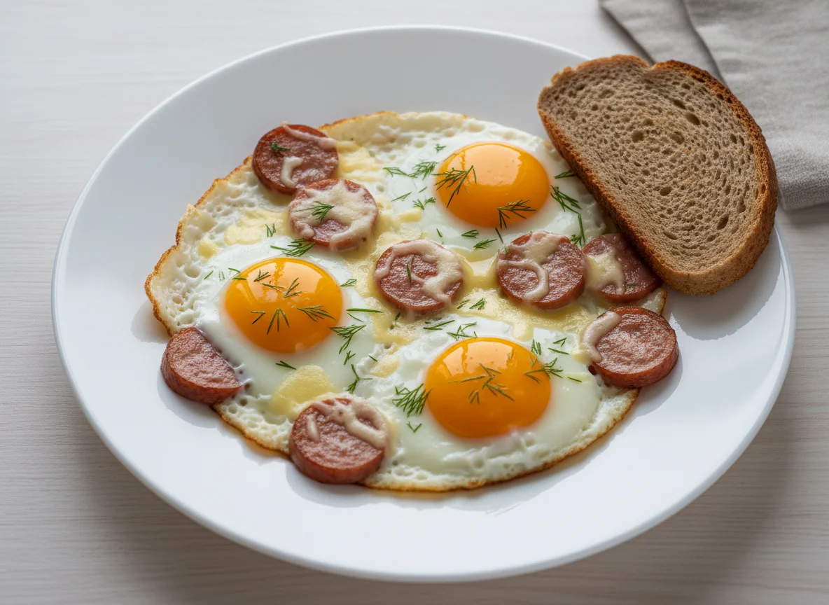 Яичница с колбасой и сыром photo
