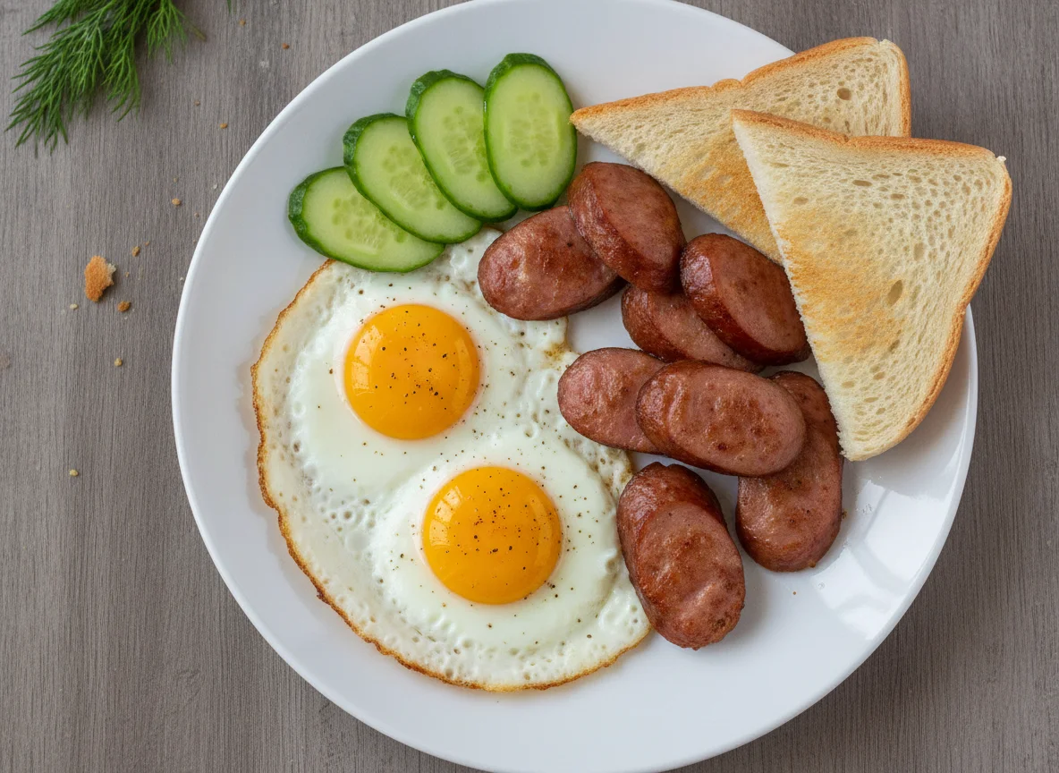 Яичница с колбасой, огурцом и хлебом photo