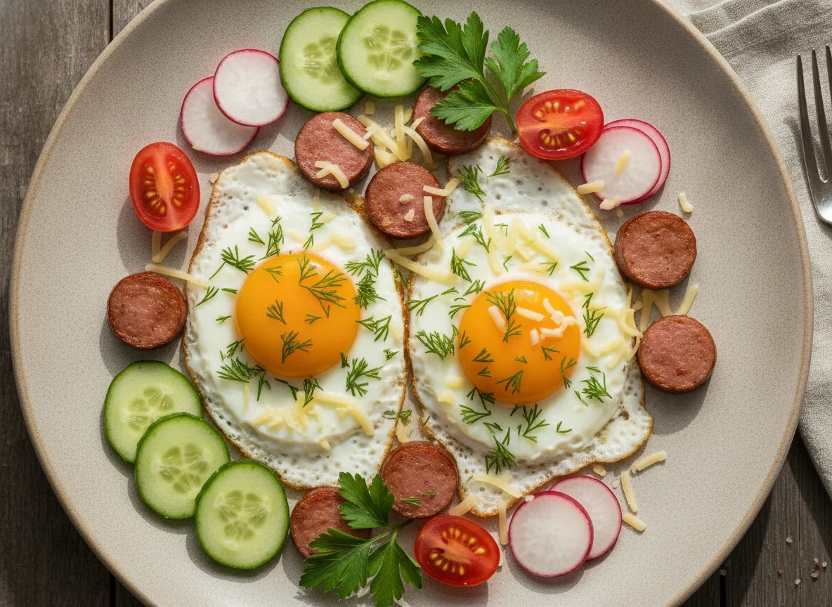 Яичница с колбасой, сыром и овощами photo