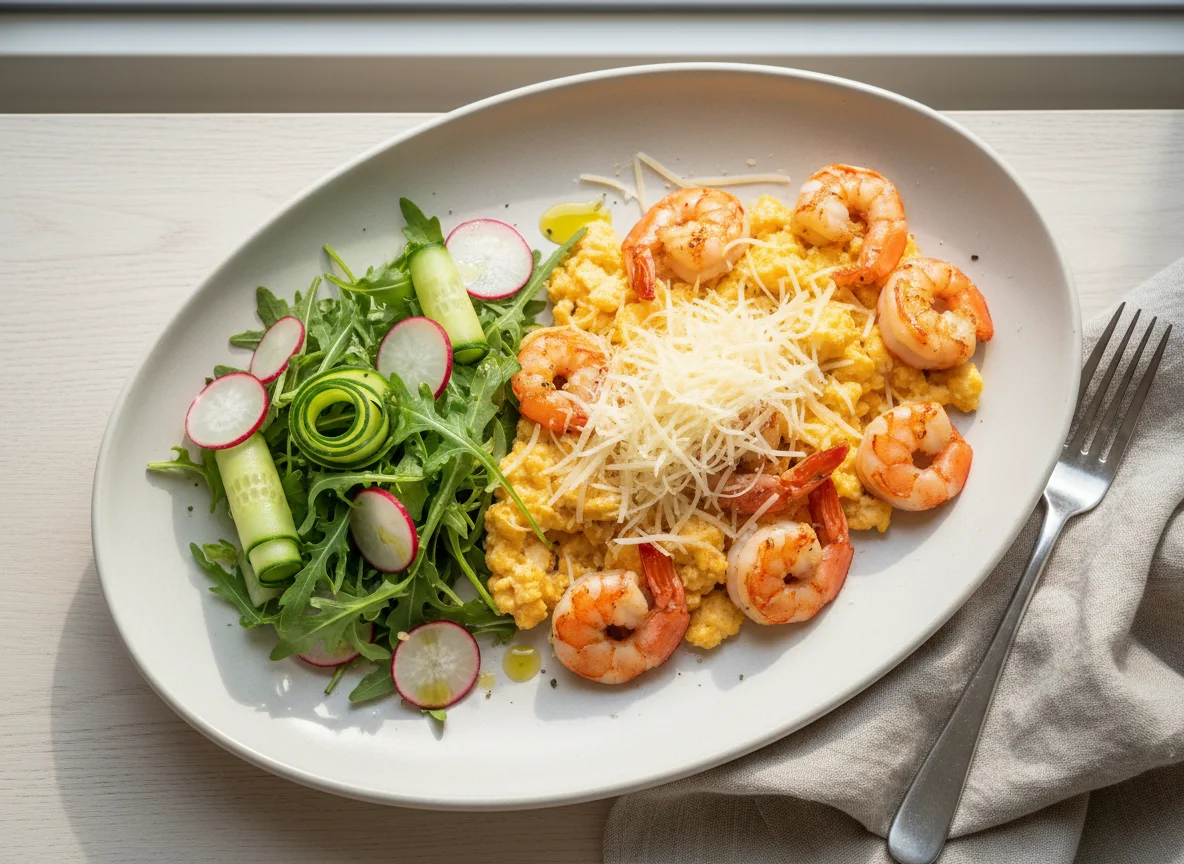 Яичница с креветками и салатом photo