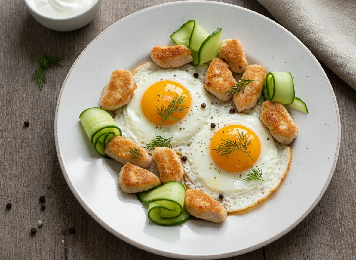 Яичница с курицей и огурцом photo