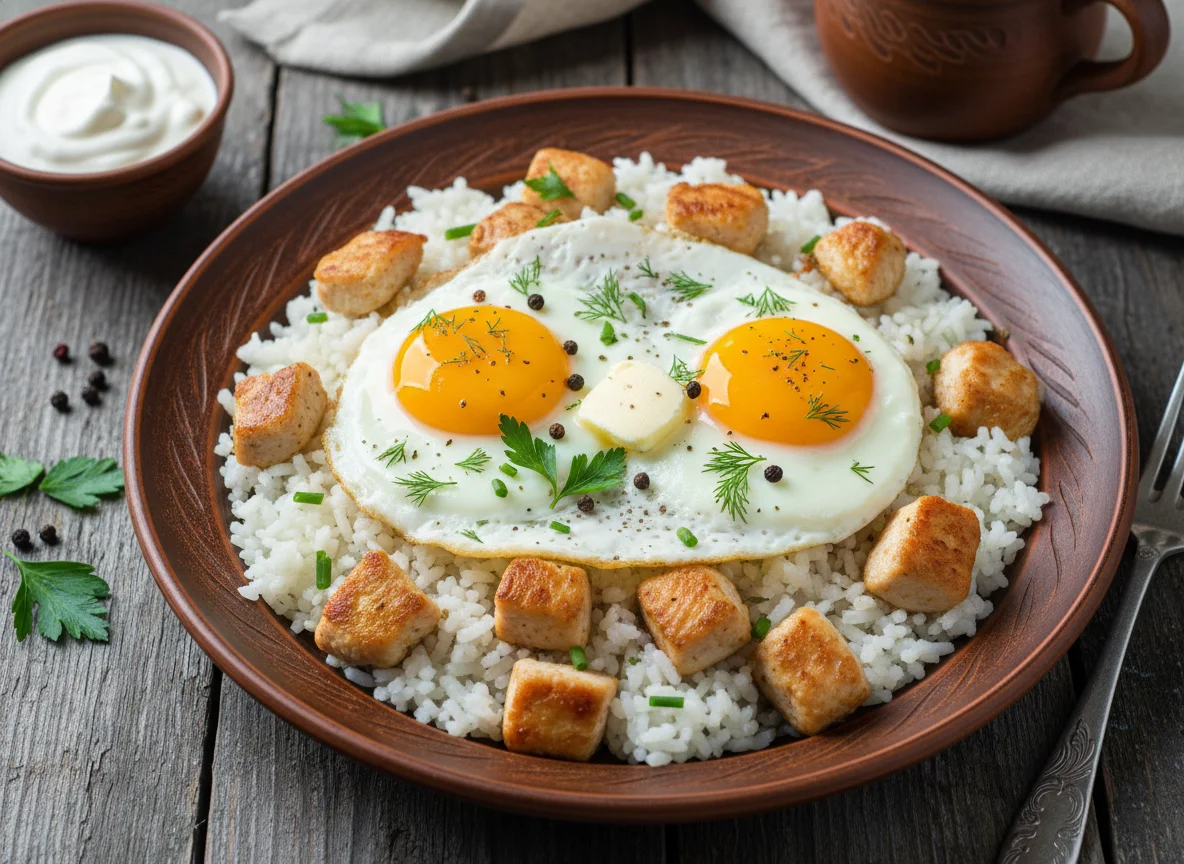 Яичница с курицей и рисом photo