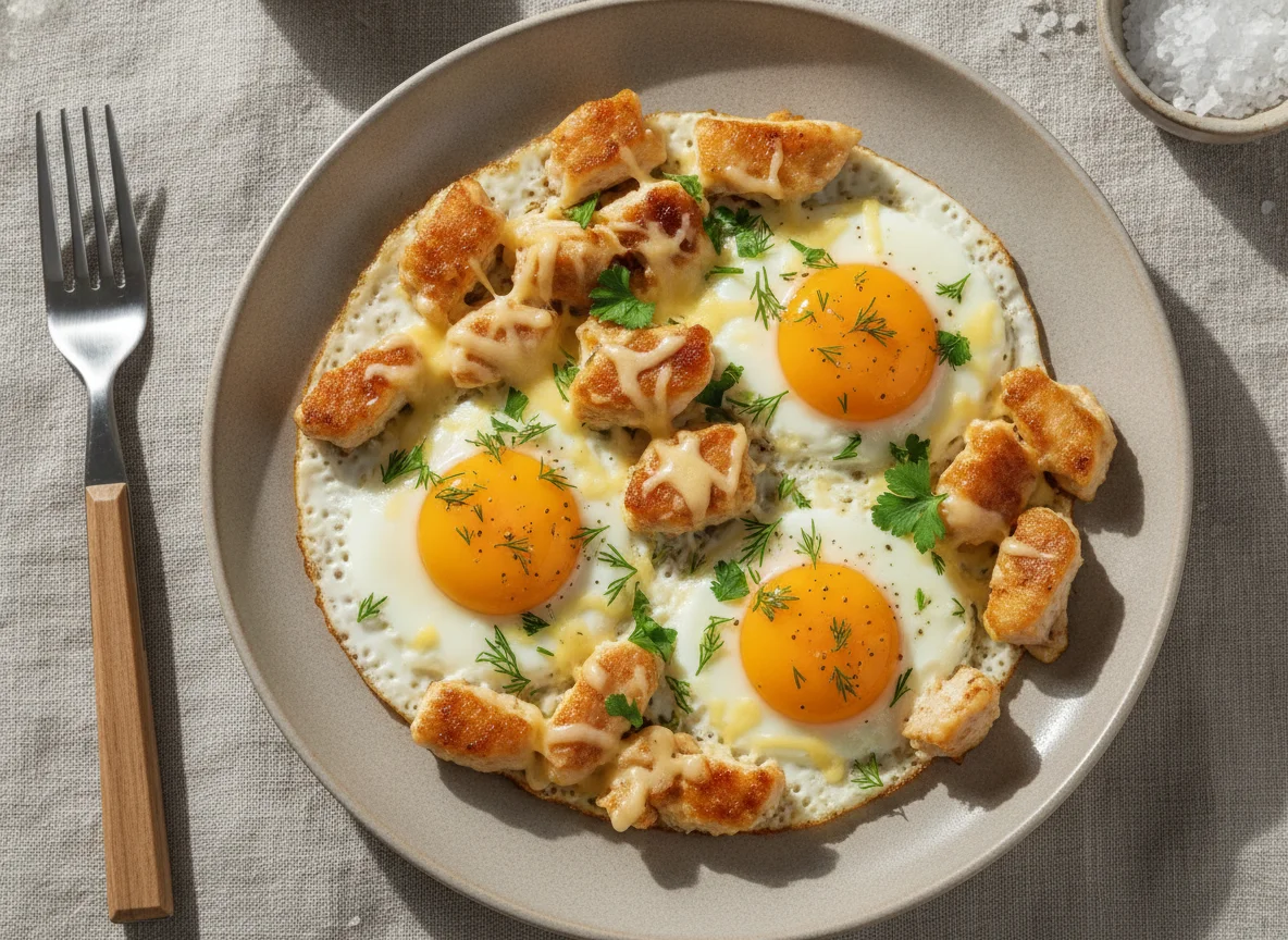 Яичница с курицей и сыром photo