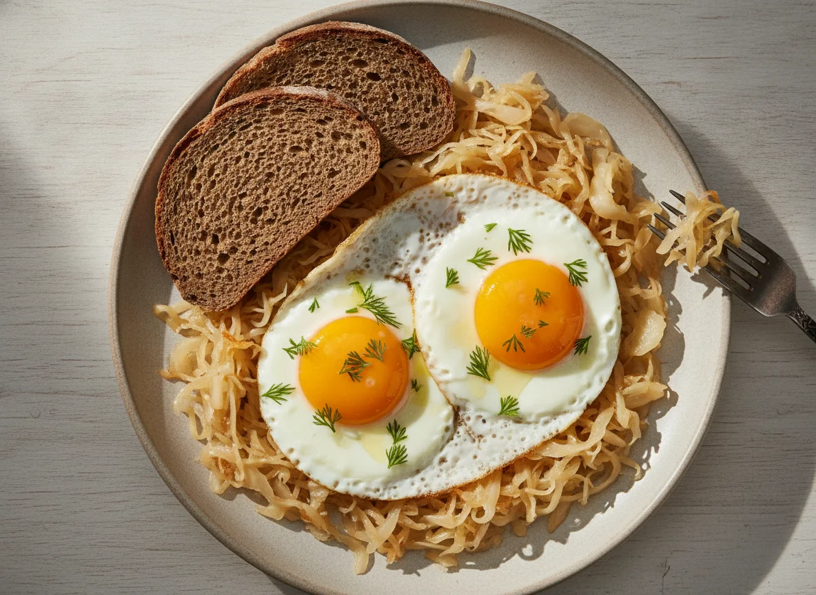 Яичница с квашеной капустой и ржаным хлебом photo