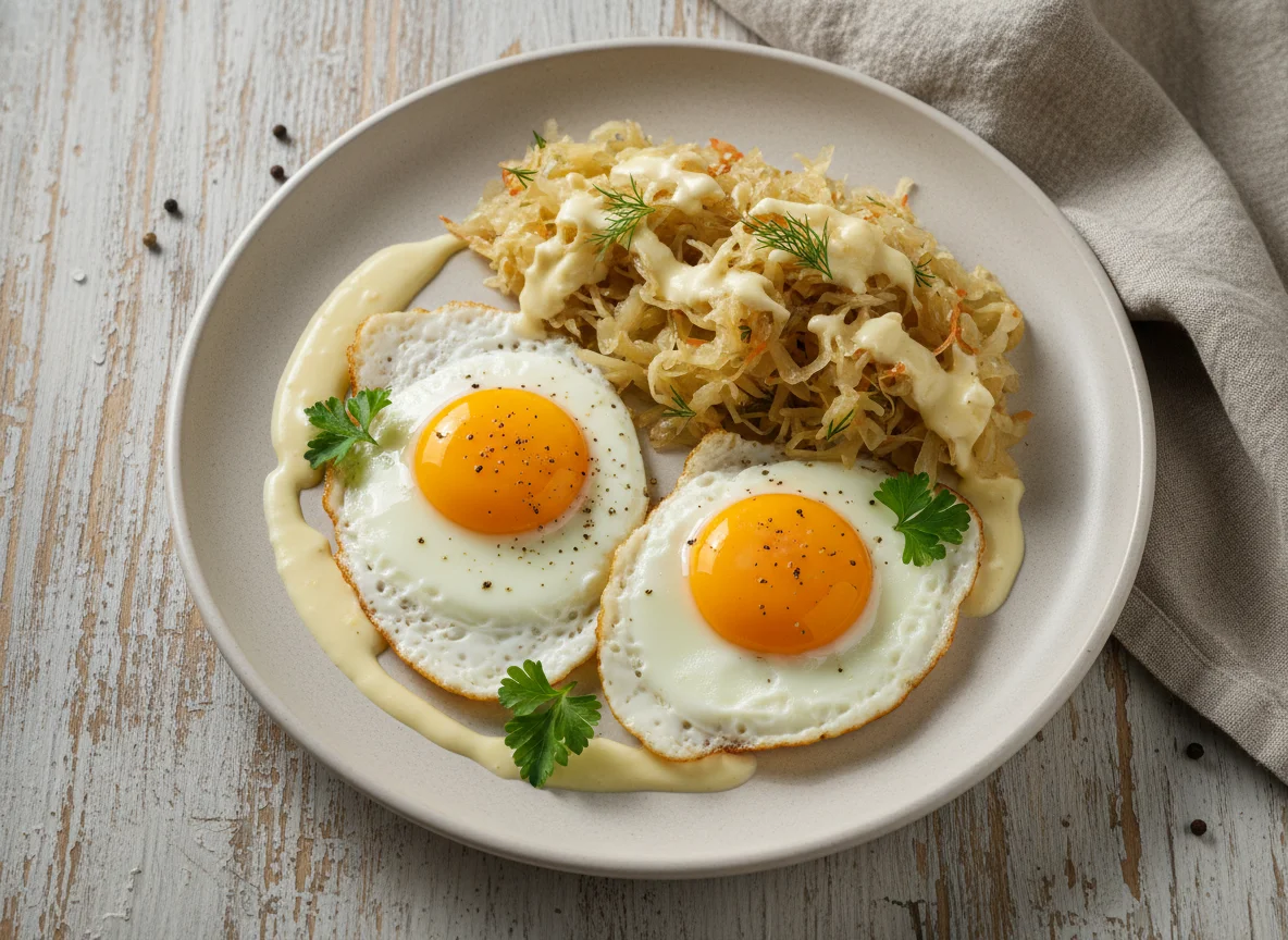 Яичница с квашеной капустой и соусом photo