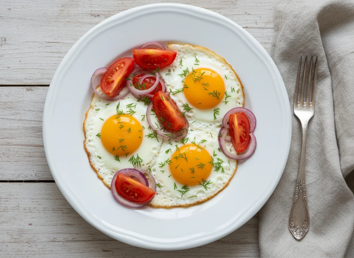 Яичница с луком и помидорами photo