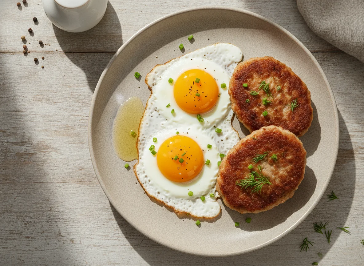 Яичница с мясными котлетами photo