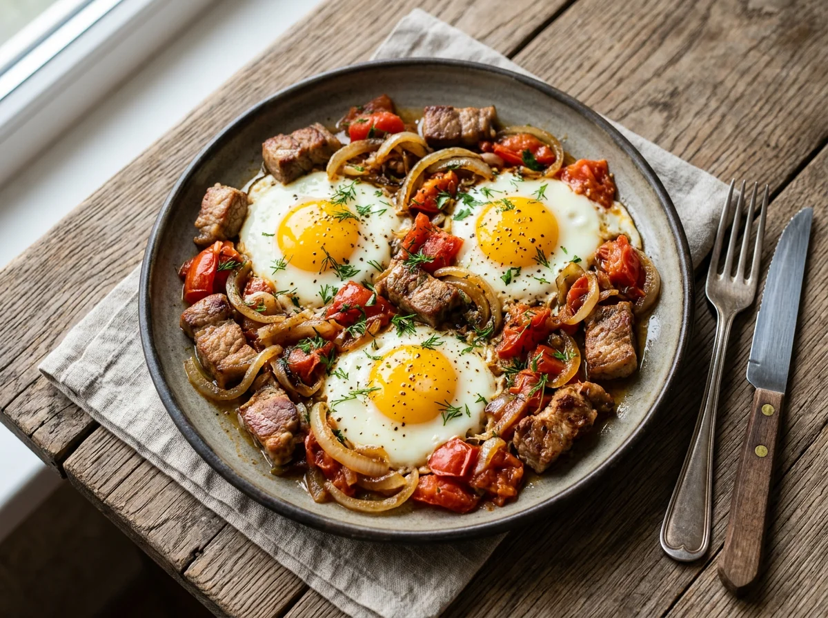 Яичница с мясом и овощами photo