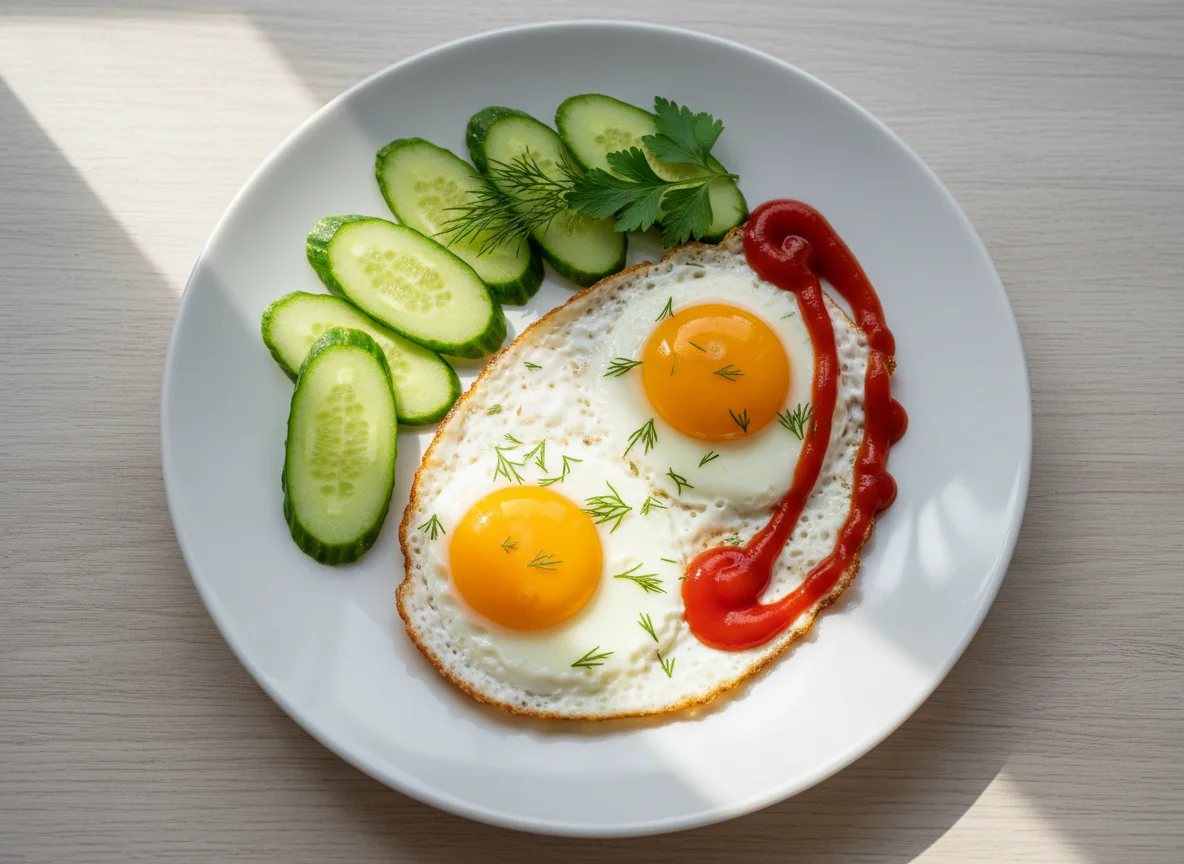 Яичница с огурцами и кетчупом photo