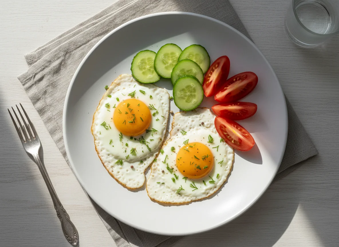 Яичница с огурцами и помидорами photo
