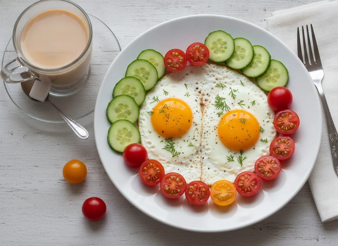 Яичница с огурцами и помидорами черри photo