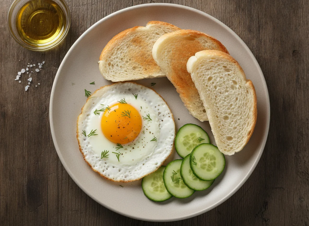 Яичница с огурцом и белым хлебом photo