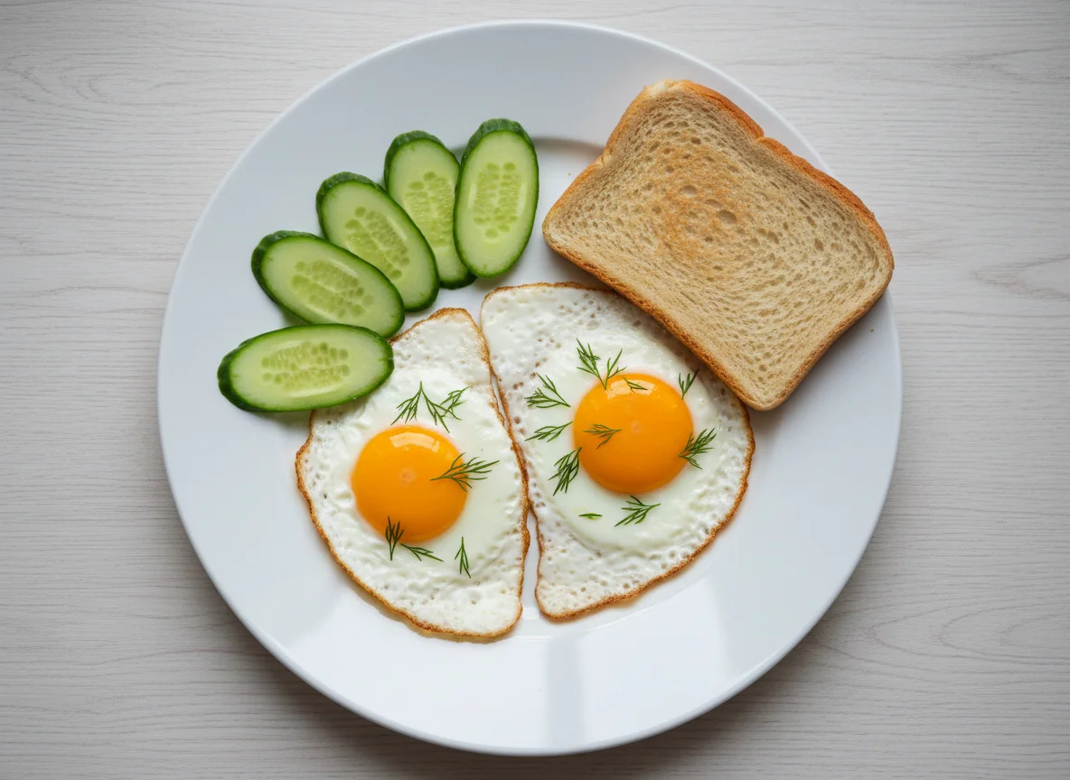 Яичница с огурцом и хлебом photo