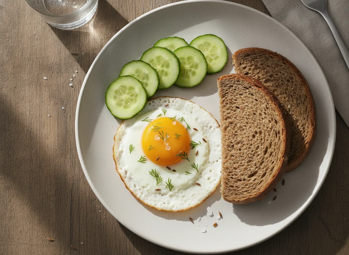 Яичница с огурцом и ржаным хлебом photo
