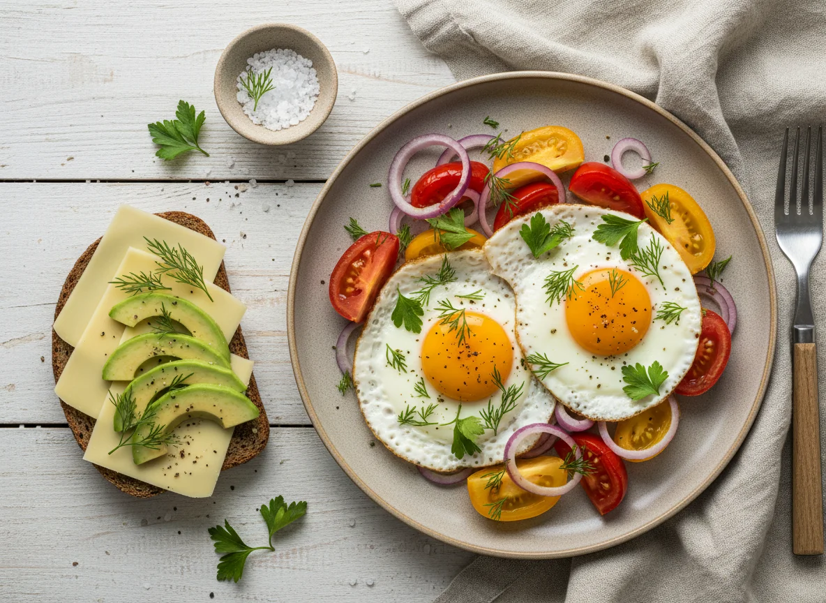 Яичница с овощами, хлеб с сыром и авокадо photo