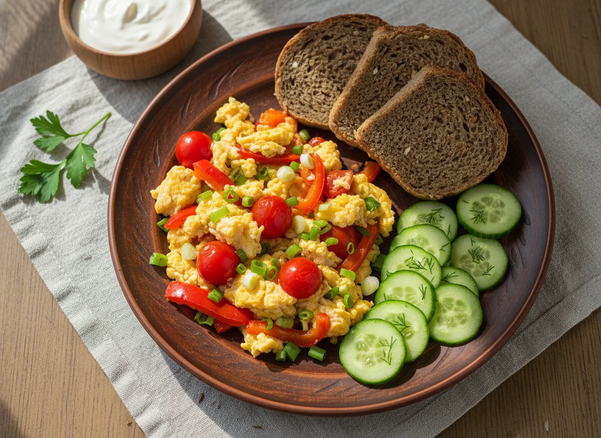 Яичница с овощами, хлебом и огурцами photo