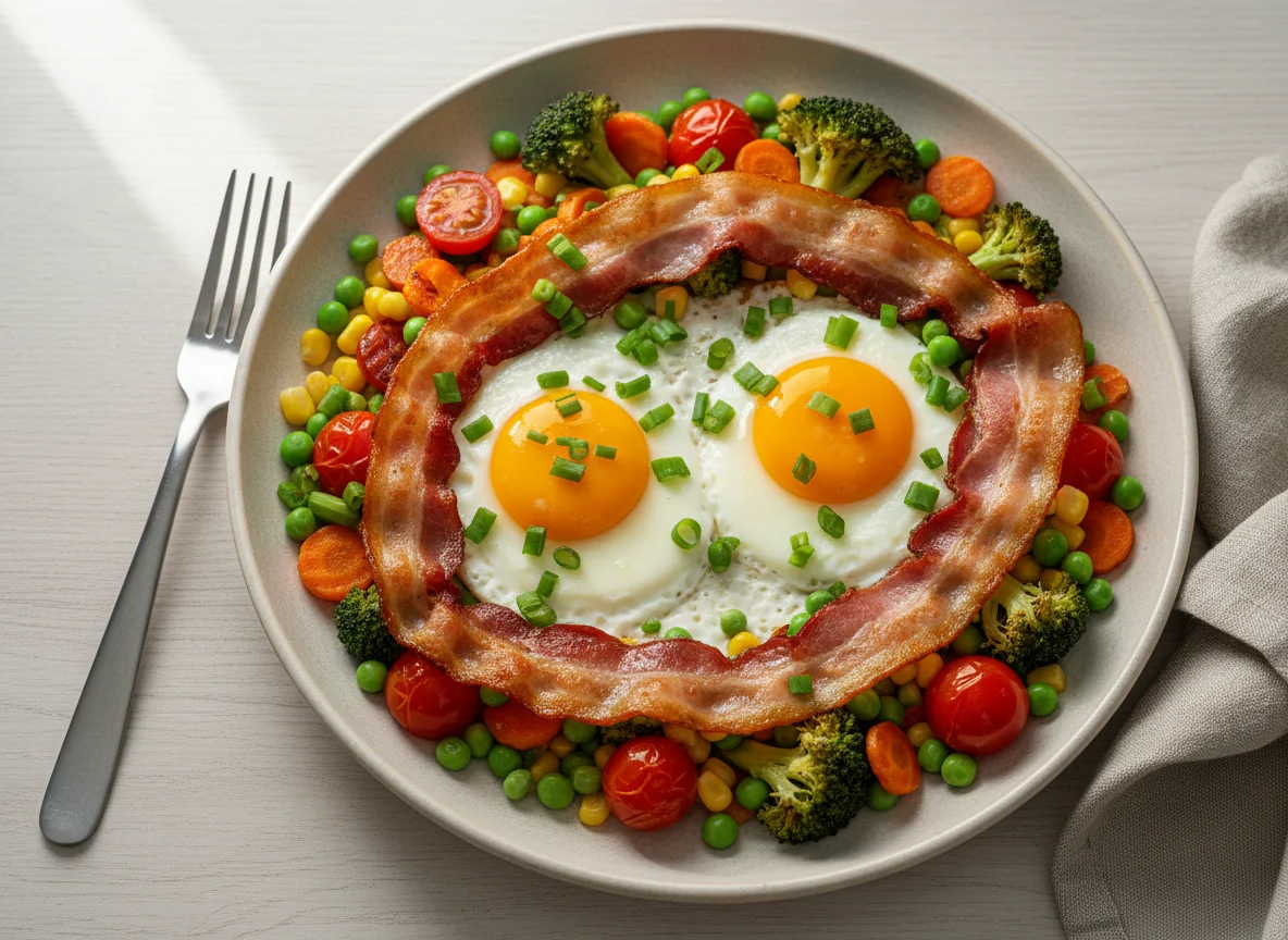 Яичница с овощами и беконом photo