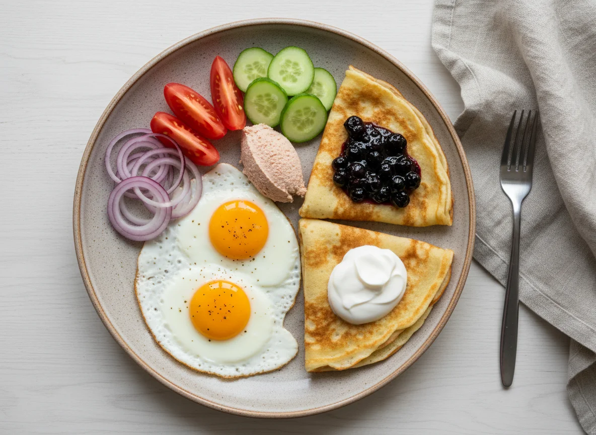 Яичница с овощами и блины с вареньем photo