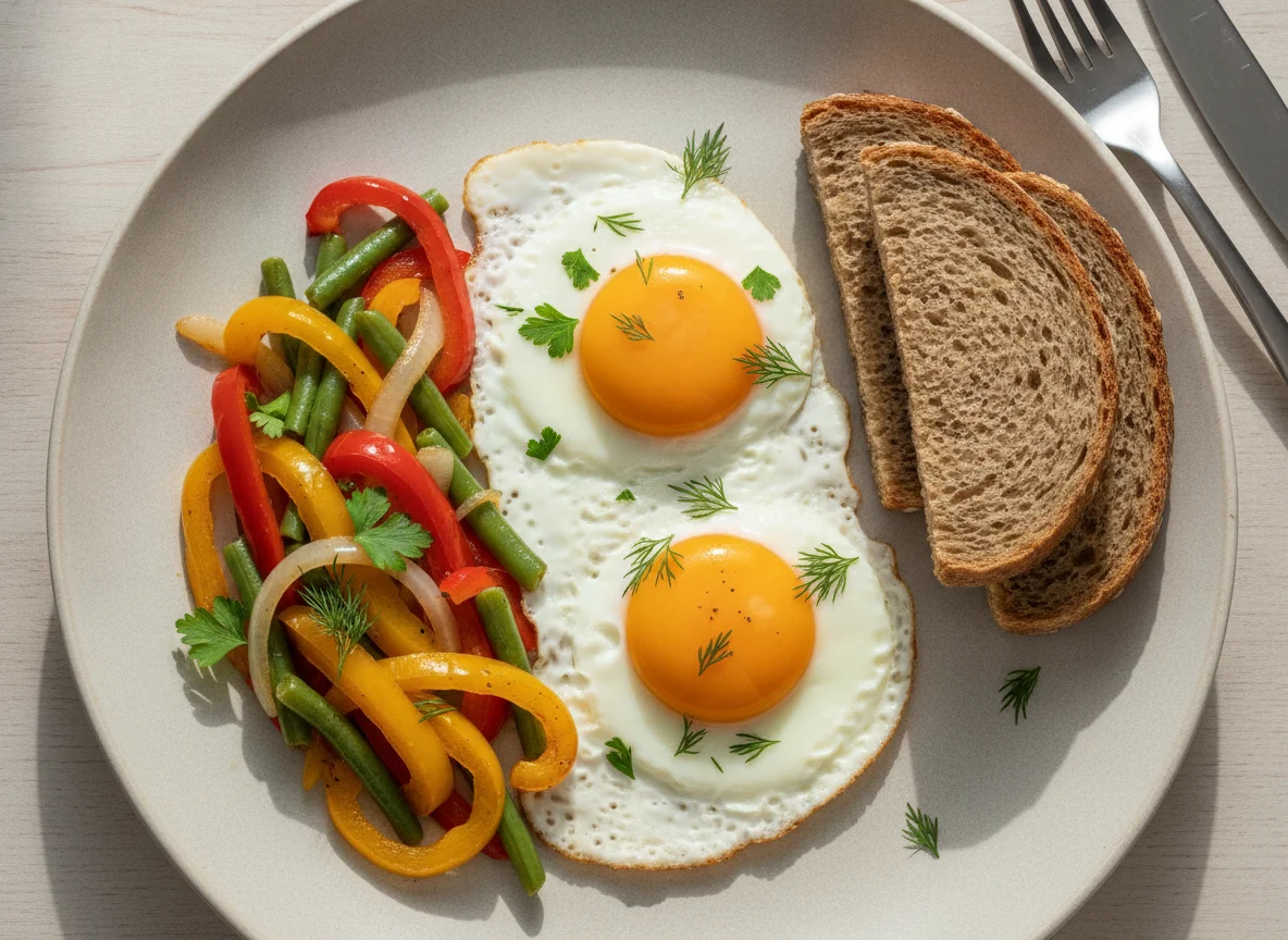 Яичница с овощами и цельнозерновым хлебом photo