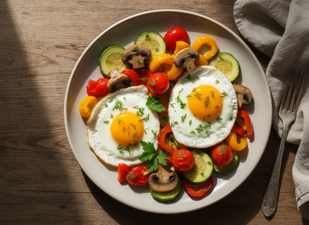 Яичница с овощами и грибами photo