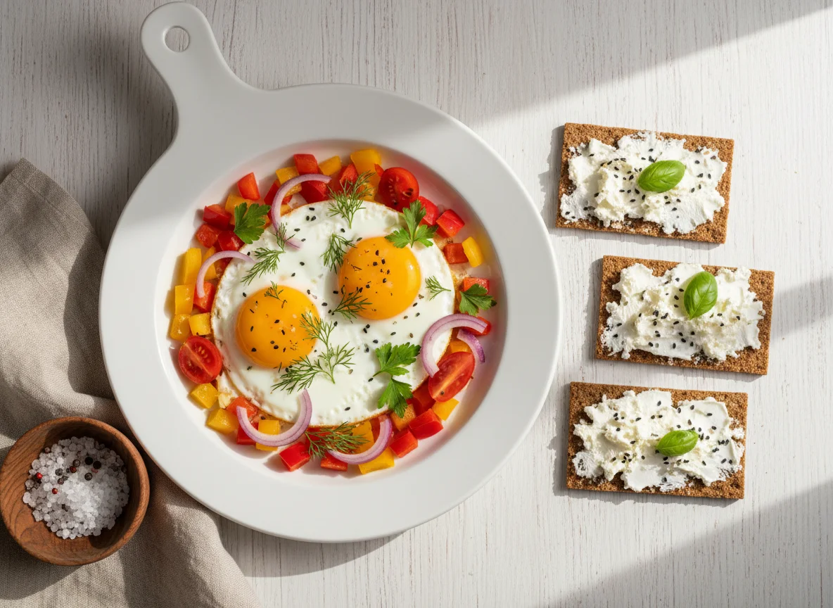 Яичница с овощами и хлебцы с творожным сыром photo