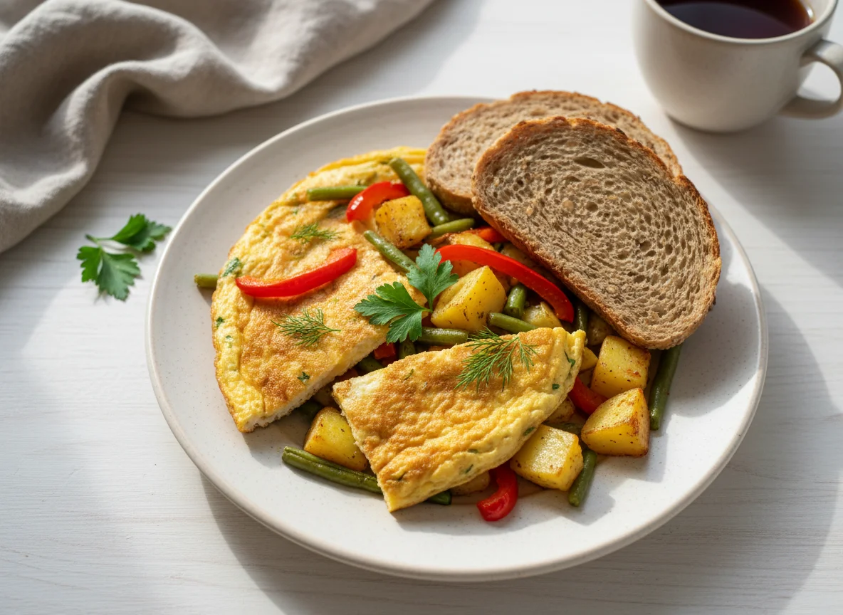 Яичница с овощами и хлебом photo