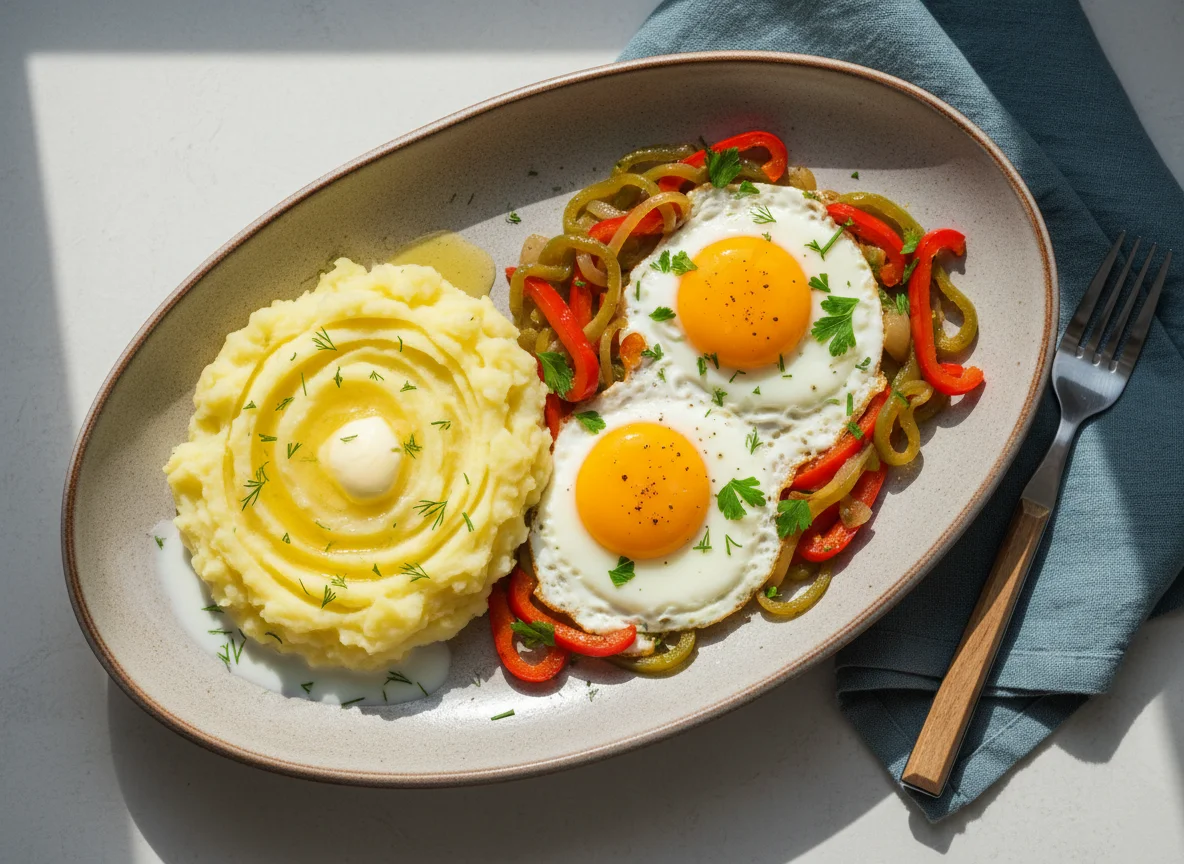 Яичница с овощами и картофельное пюре photo