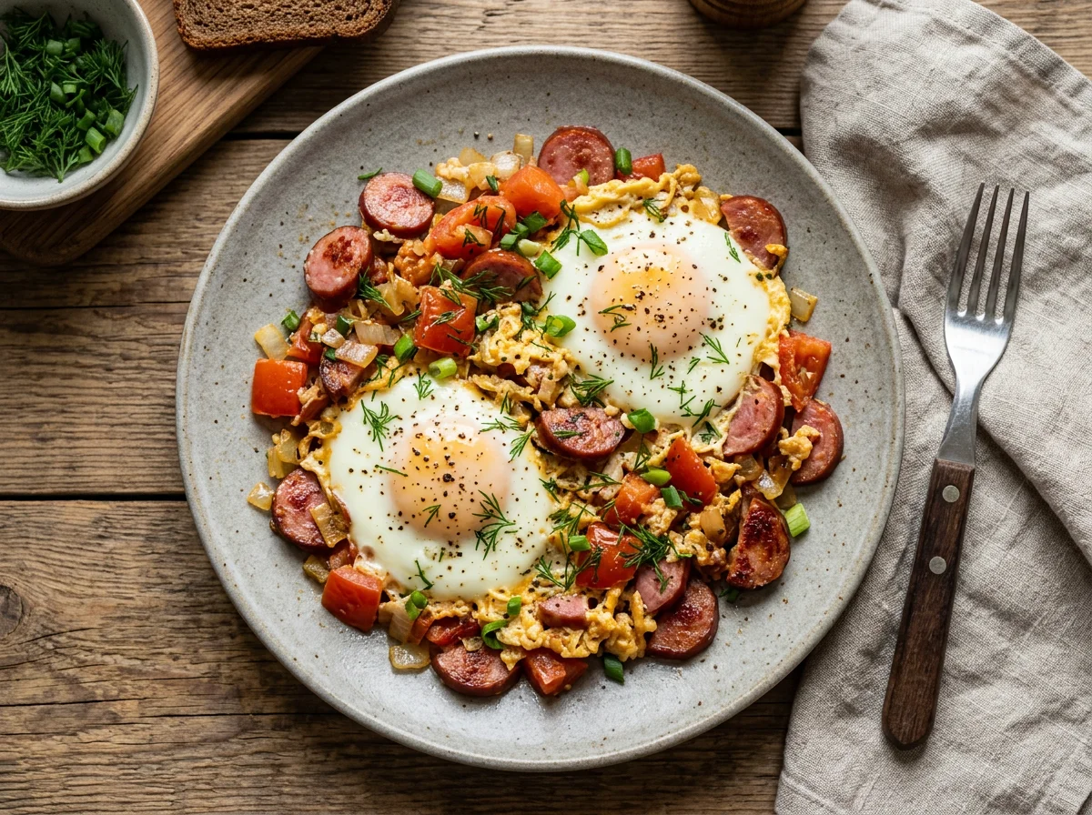 Яичница с овощами и колбасой photo