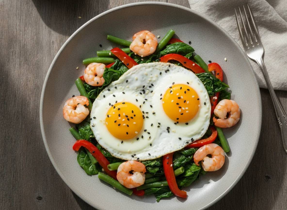 Яичница с овощами и креветками photo