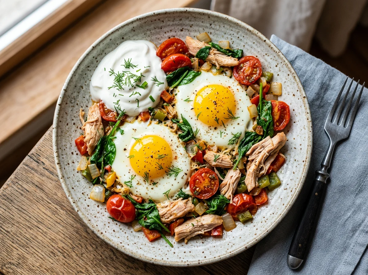 Яичница с овощами и курицей photo