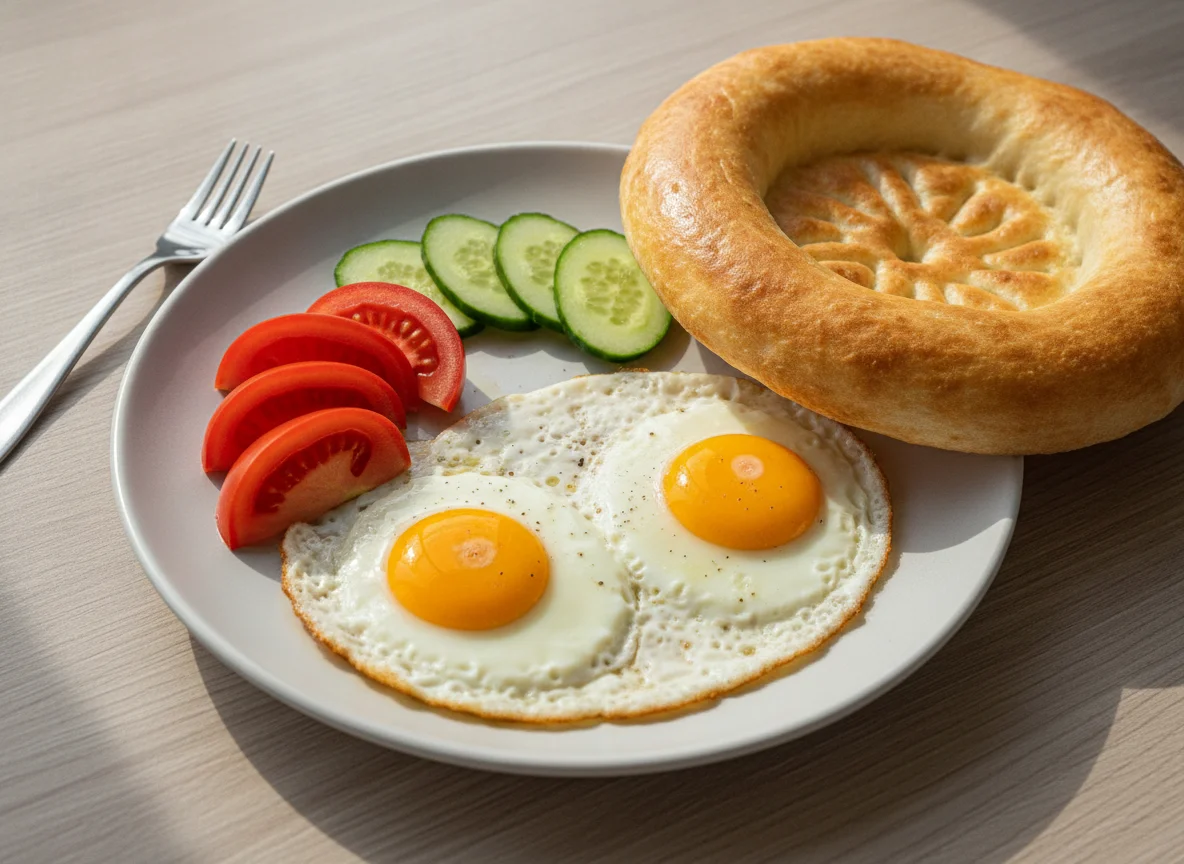 Яичница с овощами и лепешкой photo
