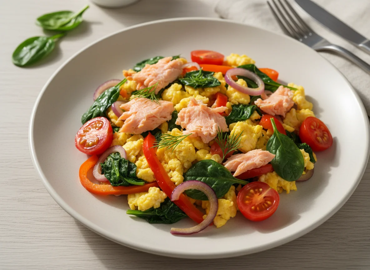 Яичница с овощами и лососем photo